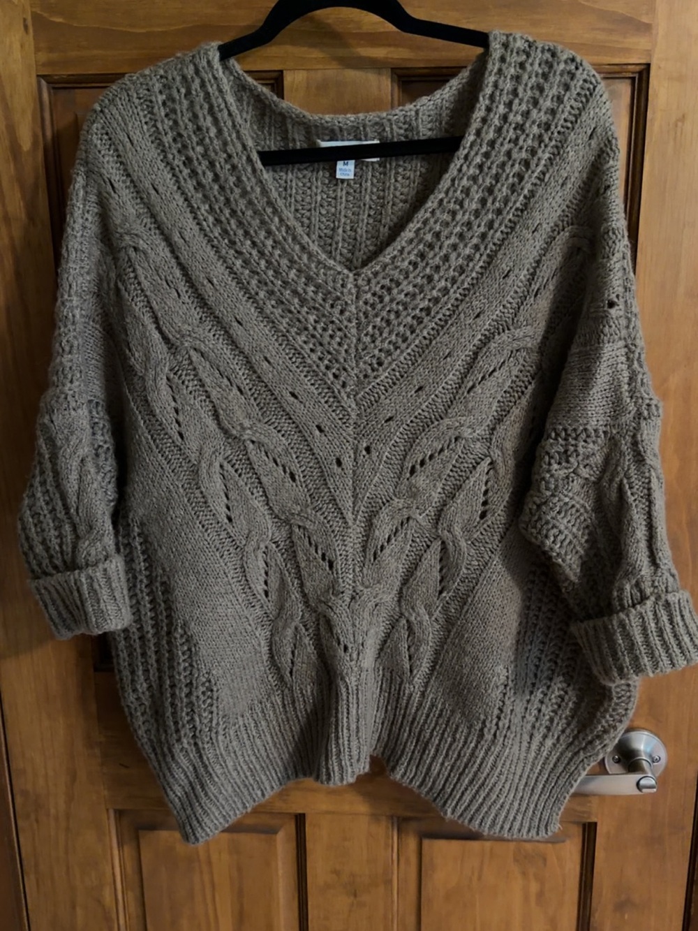 She + Sky Taupe Cable Knit V-Neck Sweater